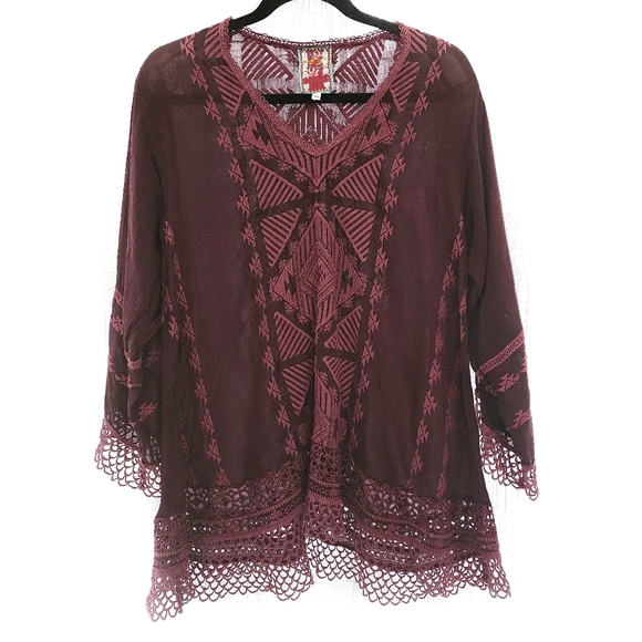 Johnny Was Tops - Johnny Was Renee Lace Maroon Blouse, XS